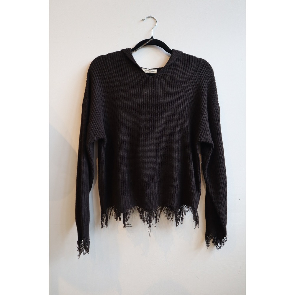 Full Circle Trends Brown Waffle Knit Frayed Hem Hooded Sweater Small J4F0376S